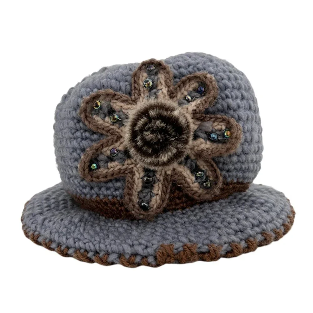 Vintage Inspired Cloche Crochet Knit Faux Fur Flower Beanie Bucket Hat